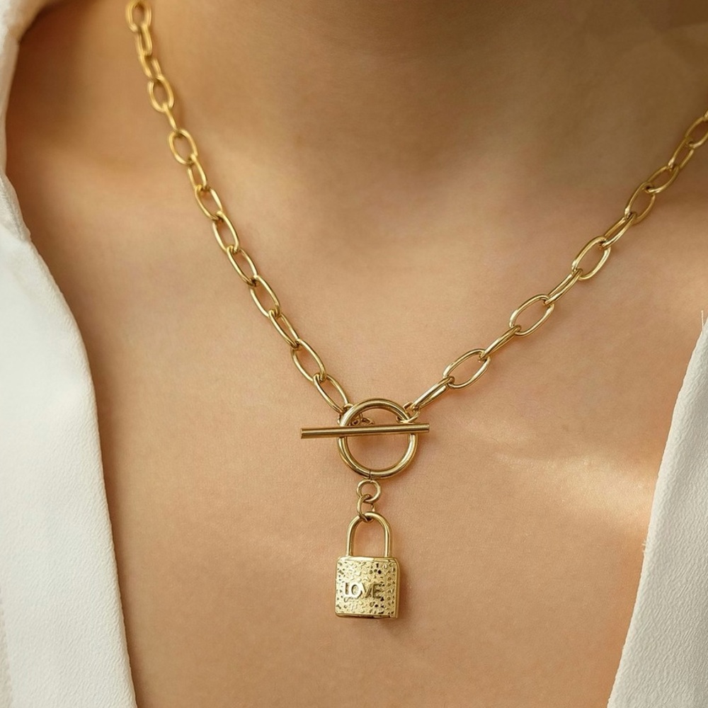 Love Lock Toggle Link Chain Necklace | Gold Plated Stainless Steel Necklace